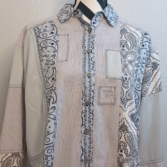 Free People Boho All Patched Up Chambray Bandana Button Down Shirt - Picture 5 of 13